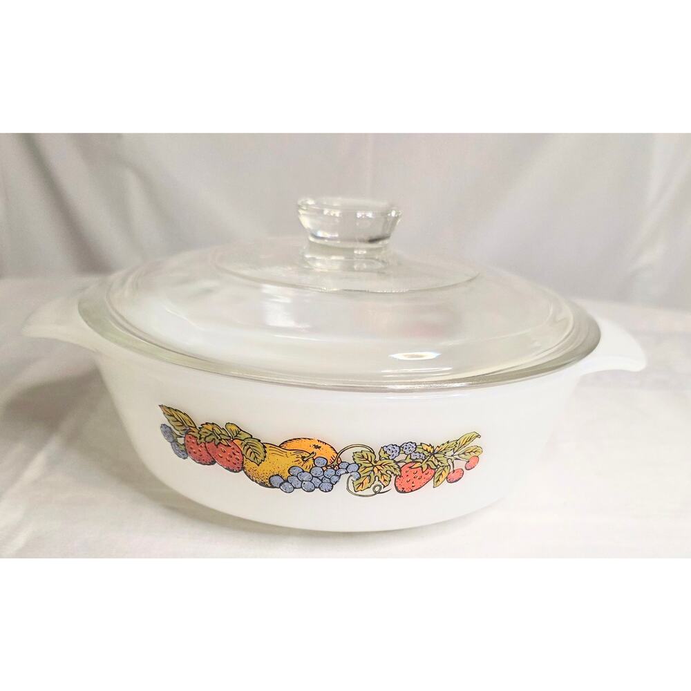 Vtg. Anchor Hocking Fire King Casserole Baking Dish w/Lid Nature's Bounty Round0
